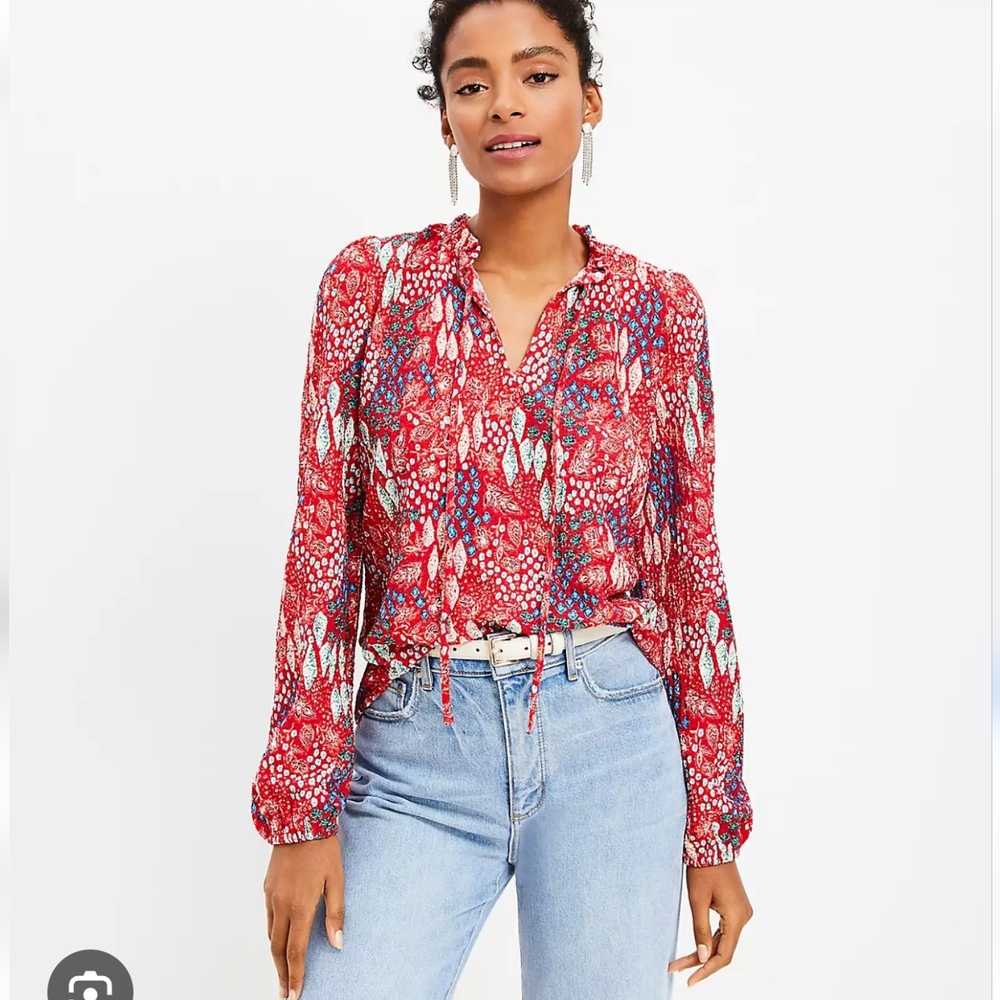 LOFT Ruffle Tie Neck Textured Long Sleeve Red Blouse M/L